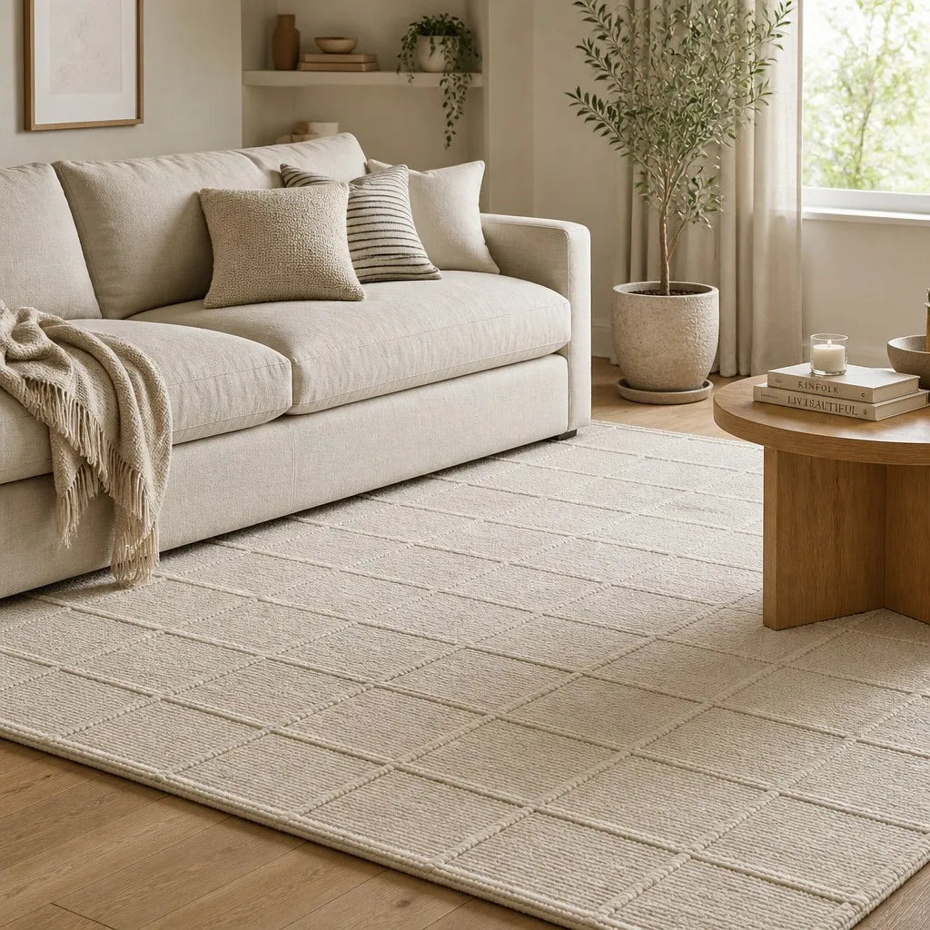 Cream Grid Wool Rug - View 3